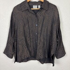 Chico's Women's Button Front‎ Blouse SZ 2 Brown Textured Silk Blend Shirt
